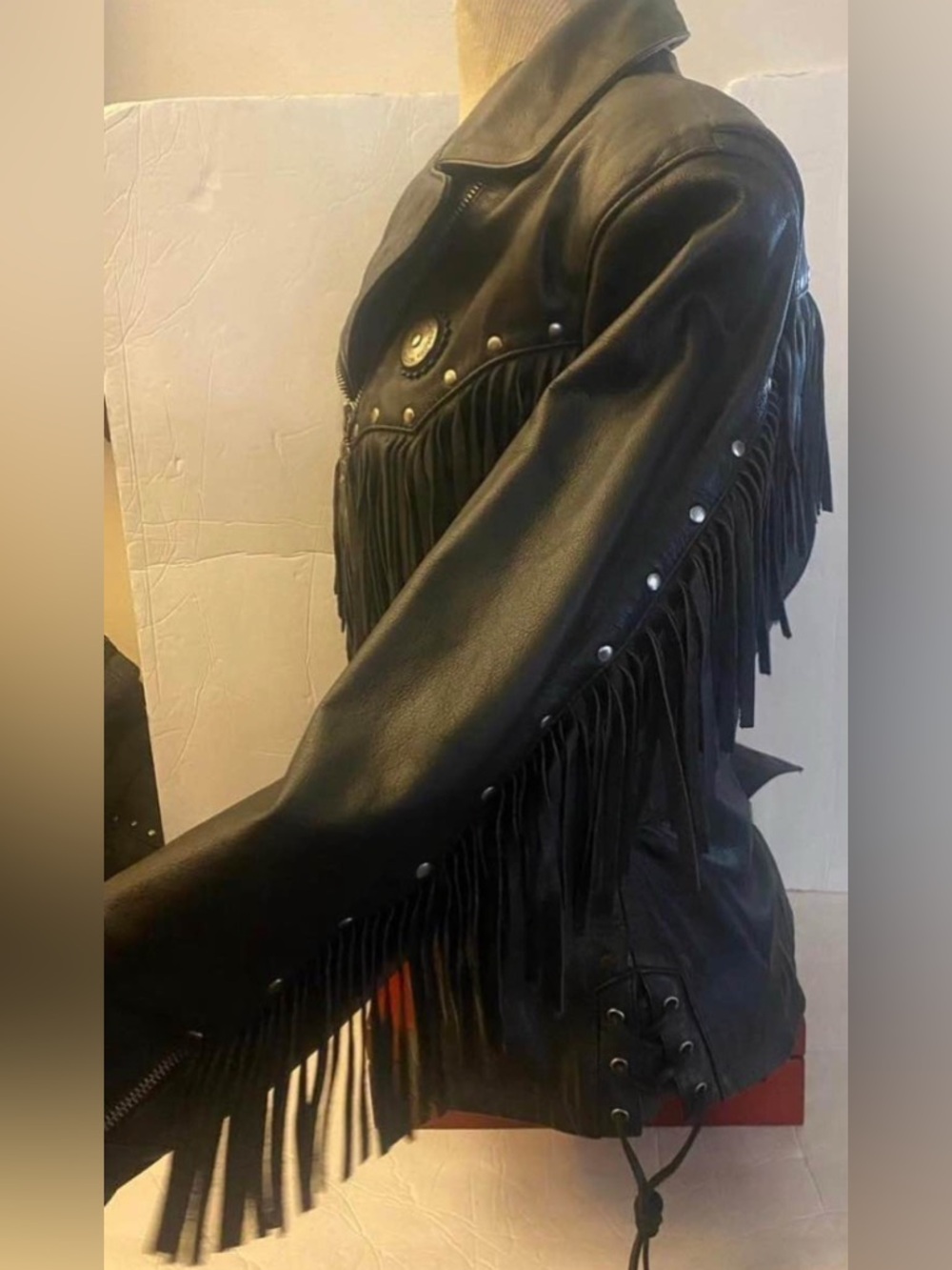 Harley Davidson Ladies Medium Stud Fringed Laced Leather Jacket - Picture 1 of 4